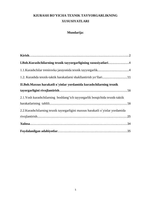 kiurash bo'yicha texnik tayyorgarlikning xususiyatlari