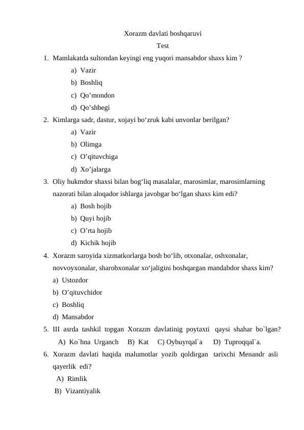Xorazm davlati boshqaruvi