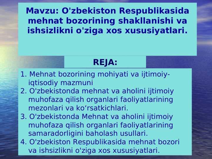 O'zbekiston Respublikasida mehnat bozorining shakllanishi va ishsizlikni o'ziga xos xususiyatlari