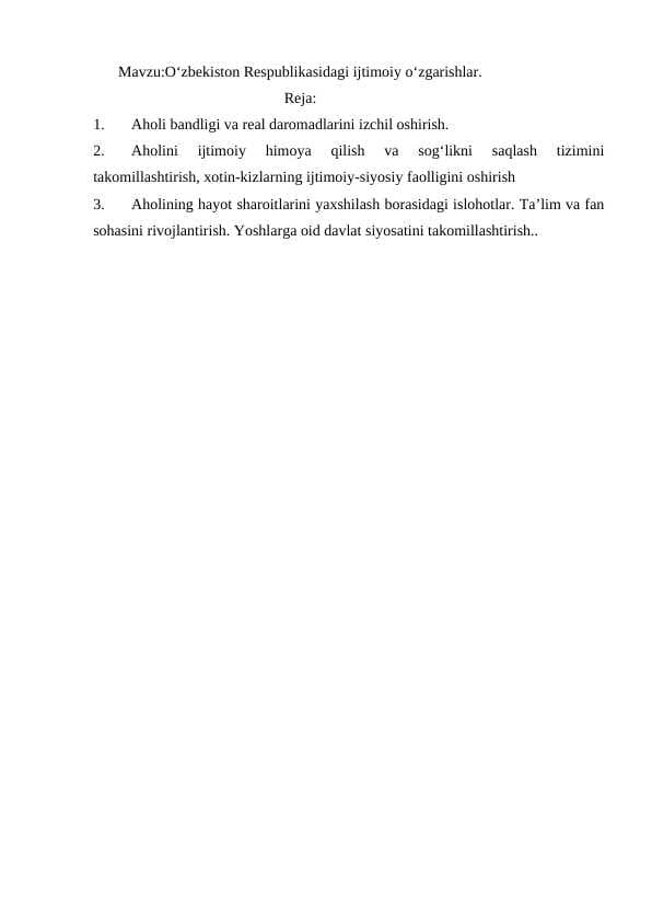 O‘zbekiston Respublikasidagi ijtimoiy o‘zgarishlar.