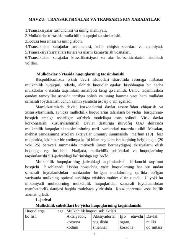 TRANSAKTSIYALAR VA TRANSAKTSION ХARAJATLAR