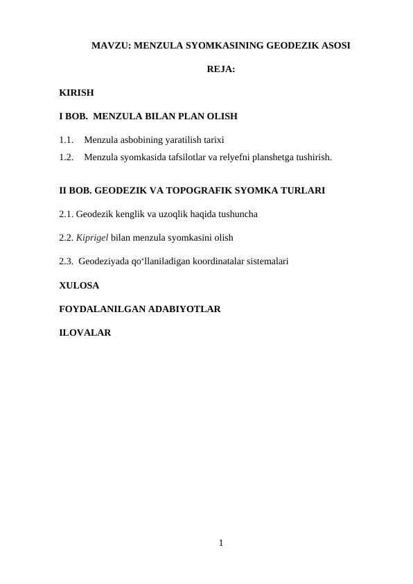 MENZULA SYOMKASINING GEODEZIK ASOSI