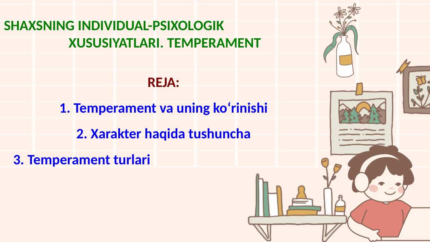 SHAXSNING INDIVIDUAL-PSIXOLOGIK 
XUSUSIYATLARI. TEMPERAMENT