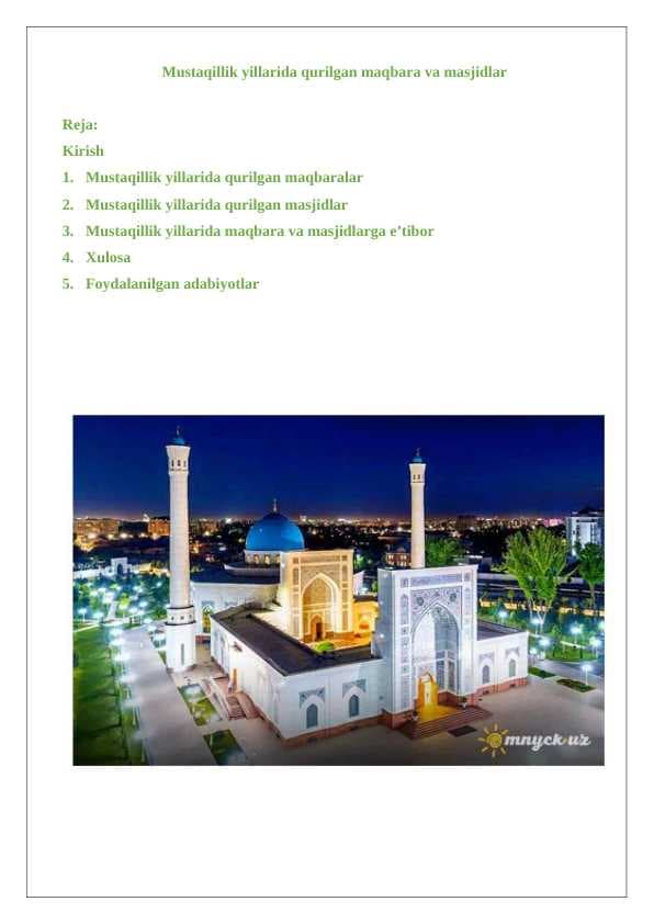 Mustaqillik yillarida qurilgan maqbara va masjidlar