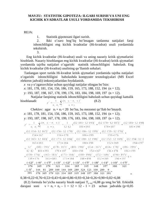 STATISTIK GIPOTEZA: ILGARI SURISH VA UNI ENG KICHIK KVADRATLAR USULI YORDAMIDA TEKSHIRISH