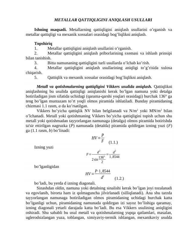 Metallar qattiqligini aniqlash usullari