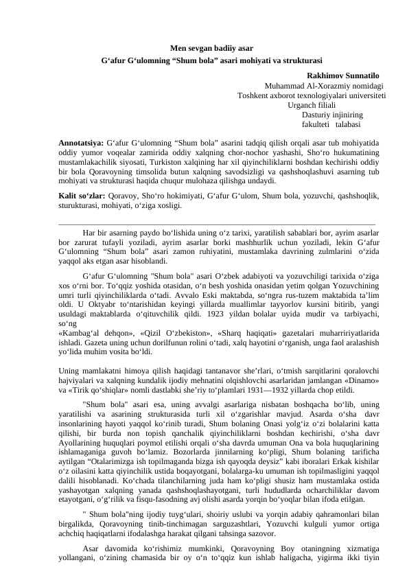 Men sevgan badiiy asar G‘afur G‘ulomning “Shum bola” asari mohiyati va strukturasi