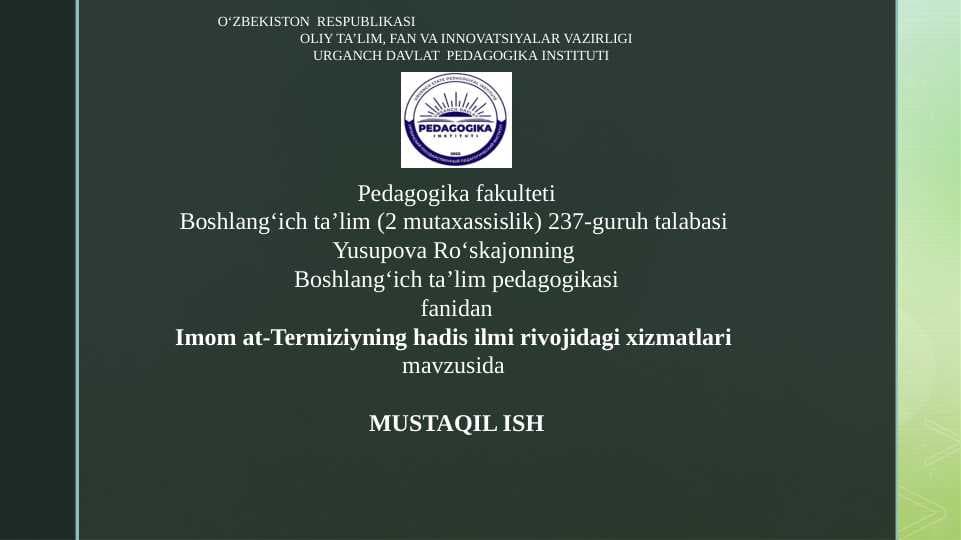 Imom at-Termiziyning hadis ilmi rivojidagi xizmatlari