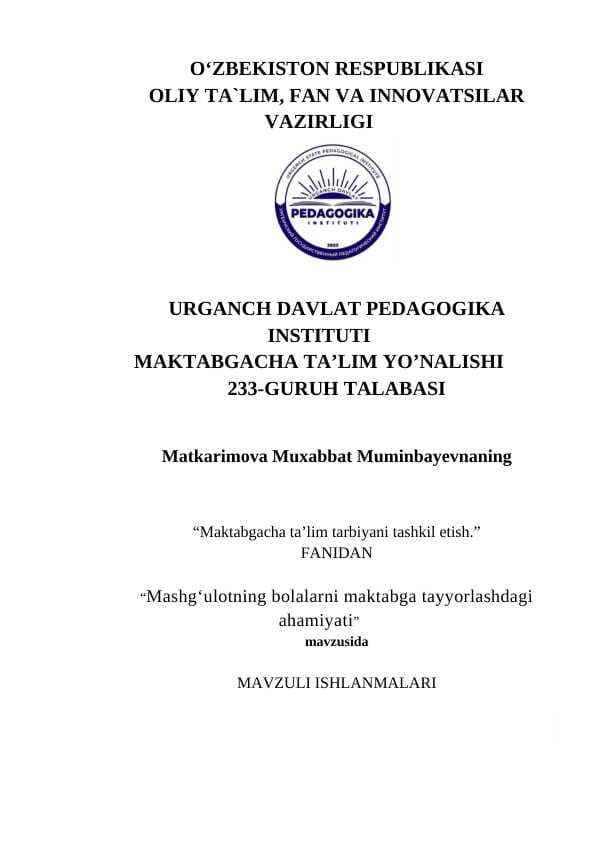Mashgʻulotning bolalarni maktabga tayyorlashdagi ahamiyati