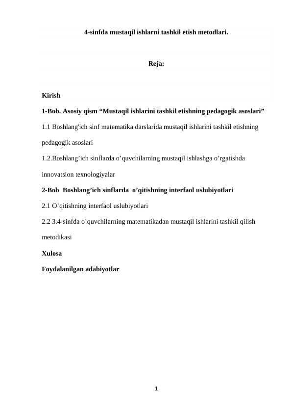 4-sinfda mustaqil ishlarni tashkil etish metodlari