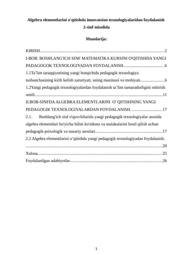 algebra elementlarini o'qitishda innovatsion texnologiyalaridan foydalanish 2-sinf misolida