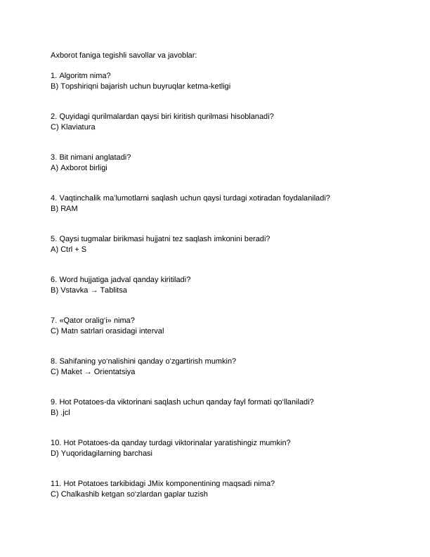 Axborot fanidan savollar va javoblar