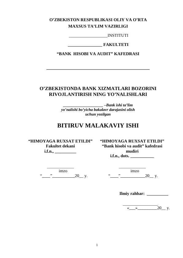 O’ZBEKISTONDA BANK XIZMATLARI BOZORINI RIVOJLANTIRISH NING YO’NALISHLARI