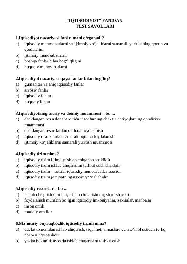 “IQTISODIYOT” FANIDAN   TEST SAVOLLARI