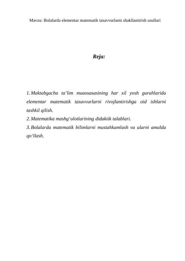 Bolalarda elementar matematik tasavvurlarni shakllantirish usullari