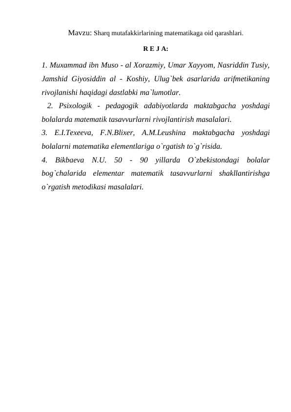 Sharq mutafakkirlarining matematikaga oid qarashlari.