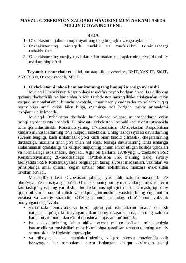 O‘ZBEKISTON XALQARO MAVQEINI MUSTAHKAMLAShDA  MILLIY G‘OYaNING O‘RNI