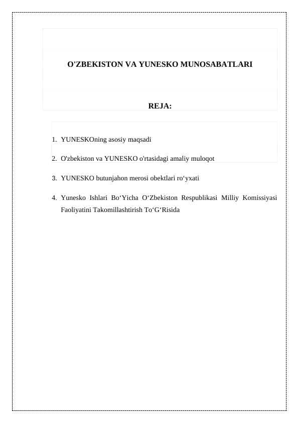 O'ZBEKISTON VA YUNESKO MUNOSABATLARI