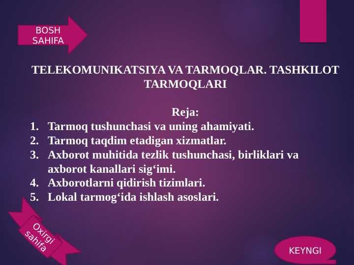 TELEKOMUNIKATSIYA VA TARMOQLAR. TASHKILOT TARMOQLARI