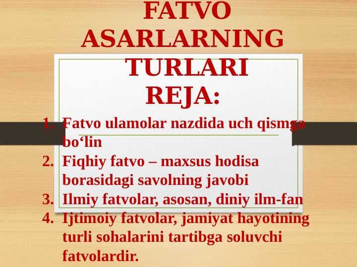FATVO ASARLARNING  TURLARI