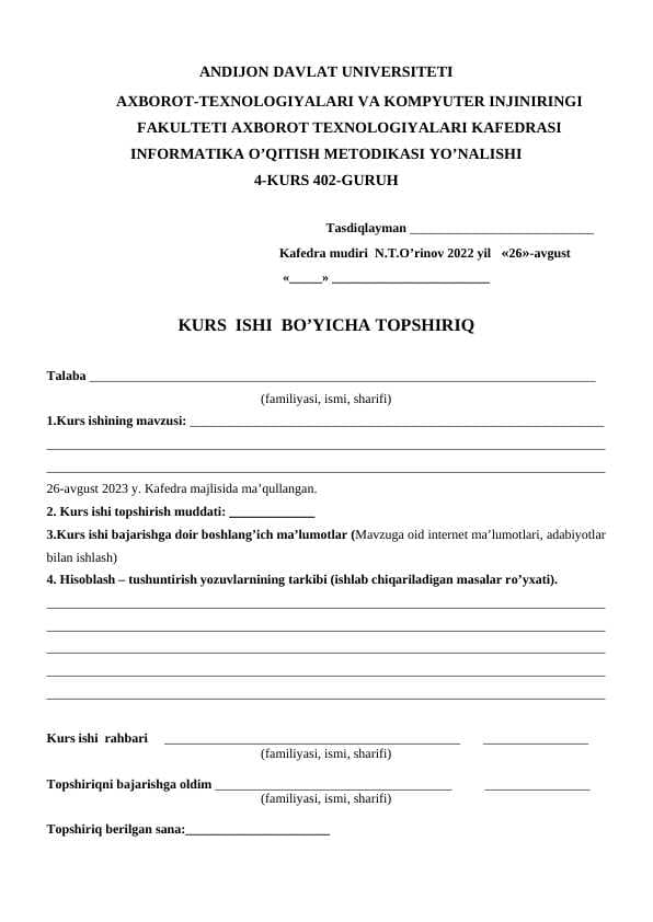 KURS  ISHI  BO’YICHA TOPSHIRIQ