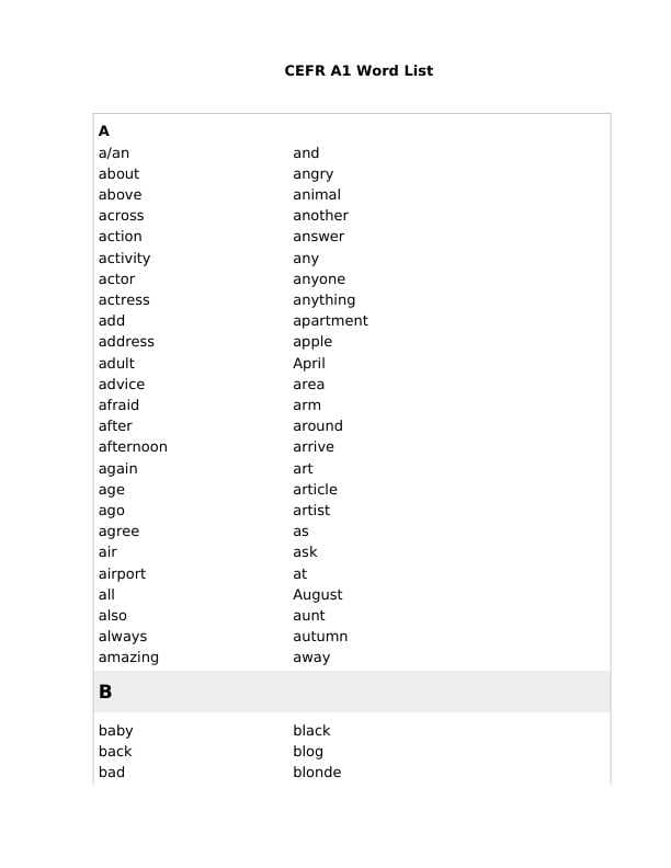 A1-A2 Level Word List