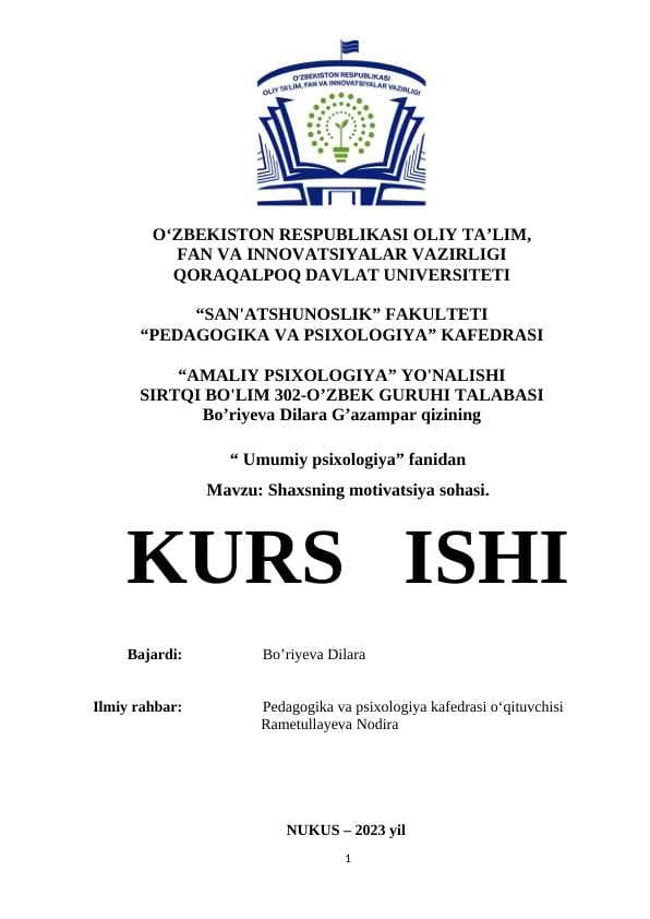 Shaxsning motivatsiya sohasi  - KURS ISHI