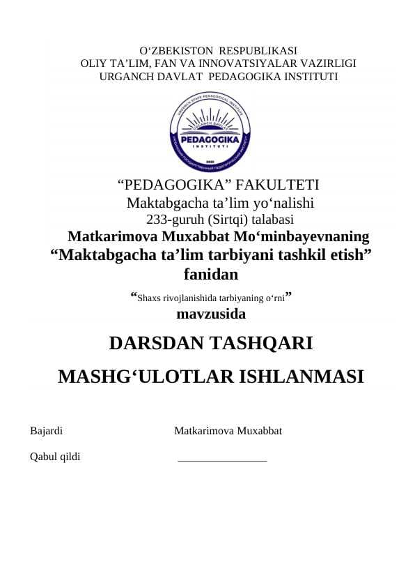 Shaxs rivojlanishida tarbiyaning oʻrni