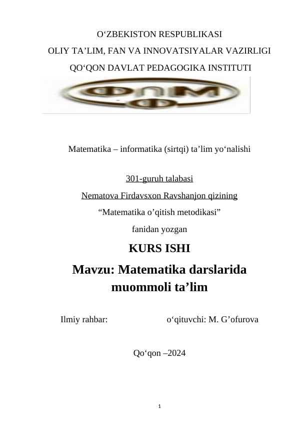 Matematika darslarida muommoli ta’lim