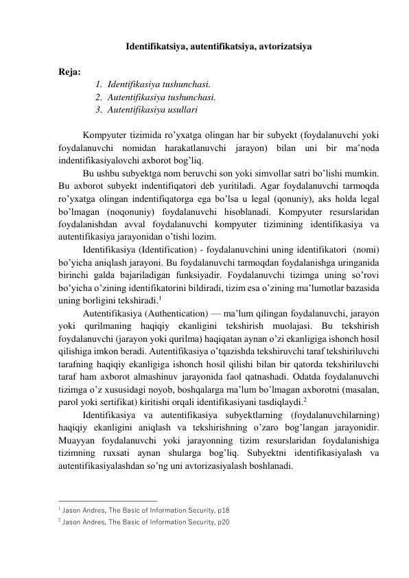 Identifikatsiya, autentifikatsiya, avtorizatsiya