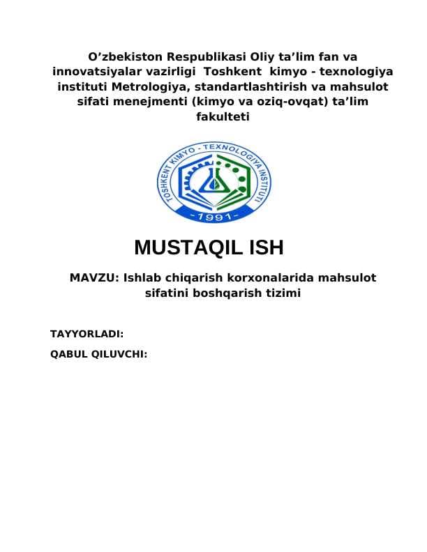 Ishlab chiqarish korxonalarida mahsulot sifatini boshqarish tizimi