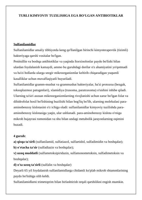 TURLI KIMYOVIY TUZILISHGA EGA BOʻLGAN ANTIBIOTIKLAR