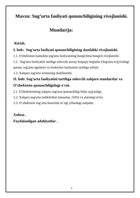 Sug’urta faoliyati qonunchiligining rivojlanishi.
