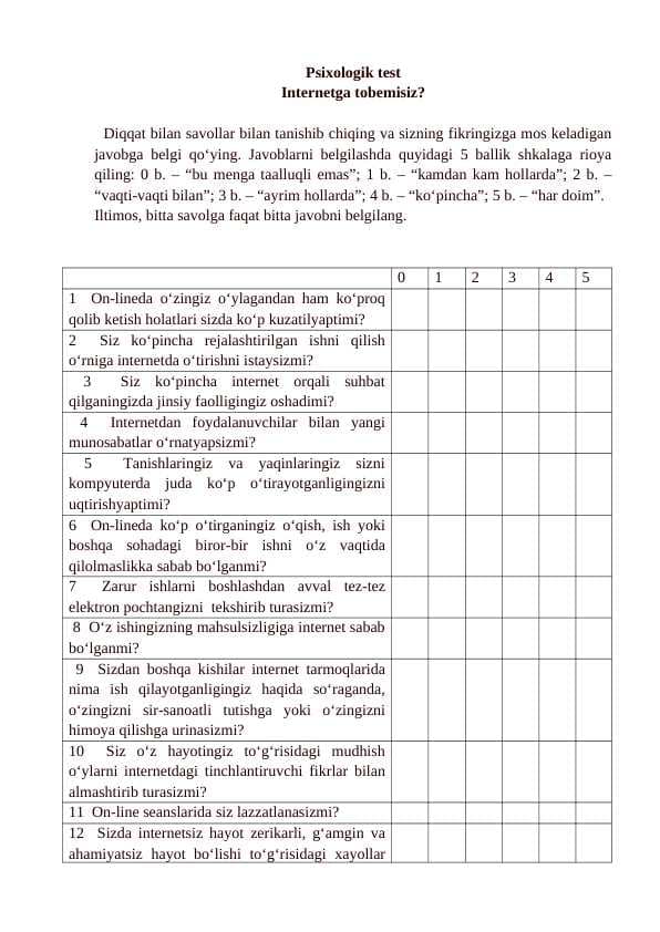 Internetga tobelikni aniqlovchi psixologik metodika