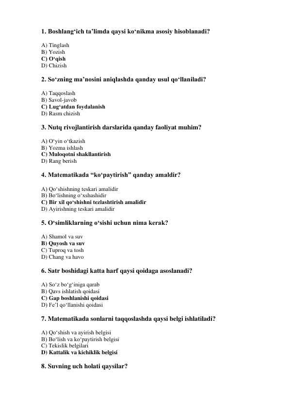 TEST. BOSHLANG'ICH TA'LIM