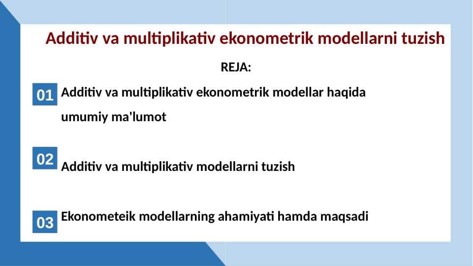 Additiv va multiplikativ ekonometrik modellarni tuzish