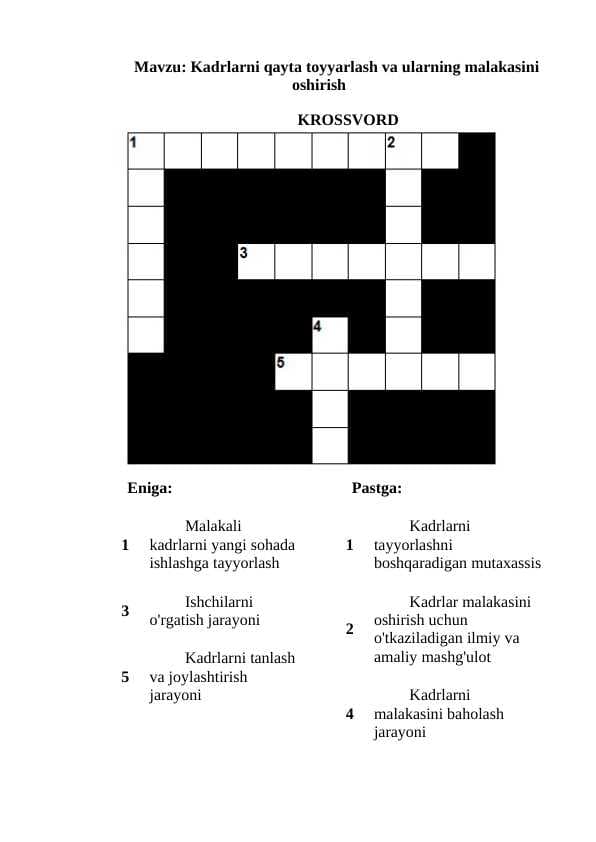 Kadrlarni qayta toyyarlash va ularning malakasini oshirish Krossvord