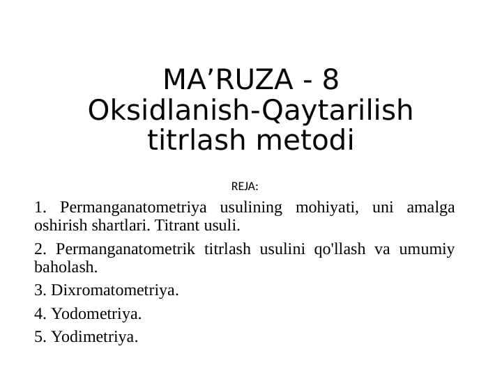 Oksidlanish-Qaytarilish titrlash metodi