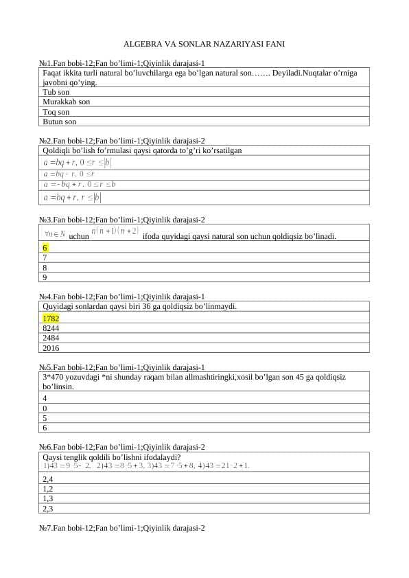 Algebra yakuniy test bu yilgi