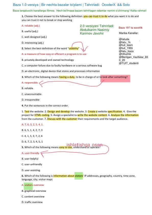 TATU BAZA ENGLISH 1 FANIDAN YAKUNIY NAZORAT SAVOLLARI