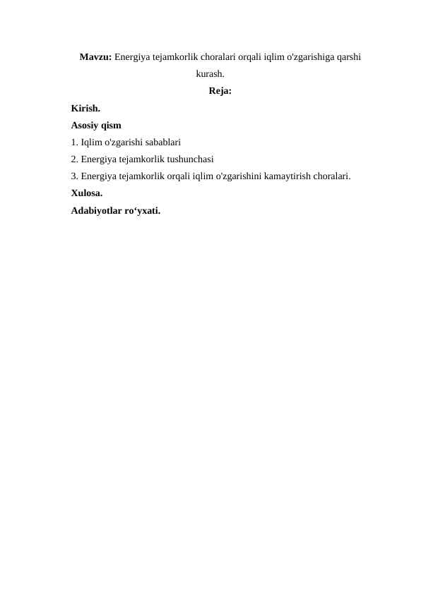 energiya tejamkorlik choralari orqali iqlim o'zgarishini