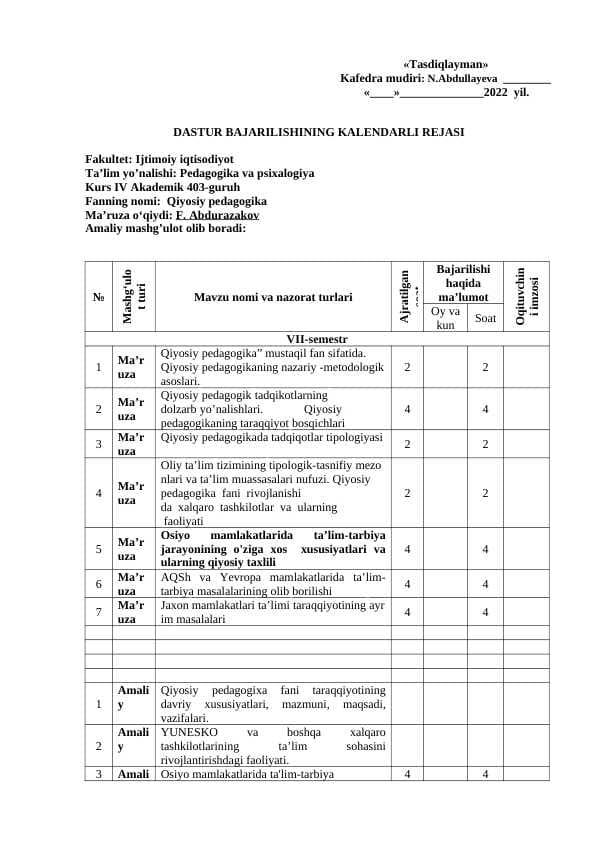 DASTUR BAJARILISHINING KALENDARLI REJASI
