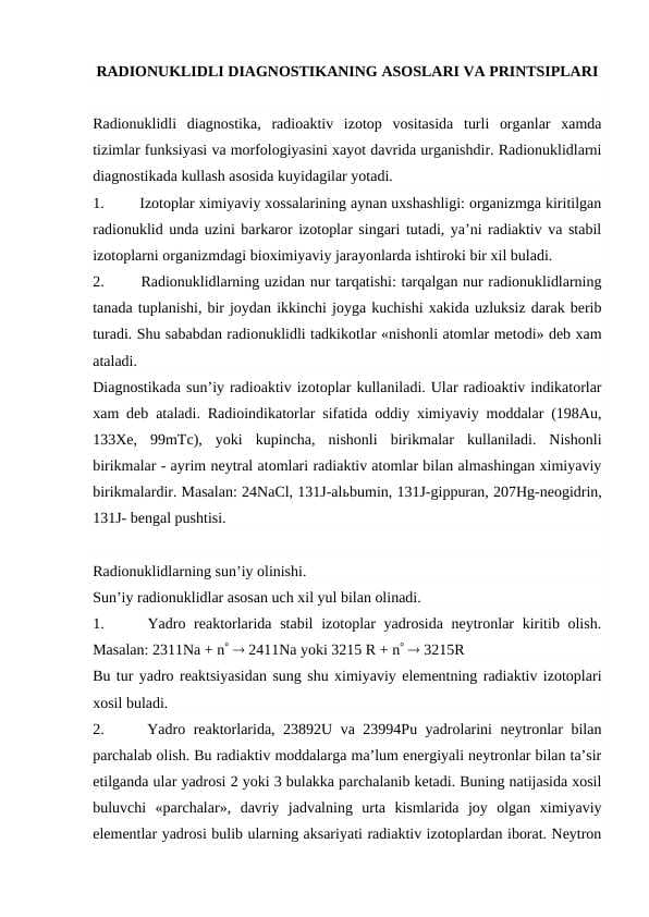 RАDIONUKLIDLI DIАGNOSTIKАNING АSOSLАRI VА PRINTSIPLАRI