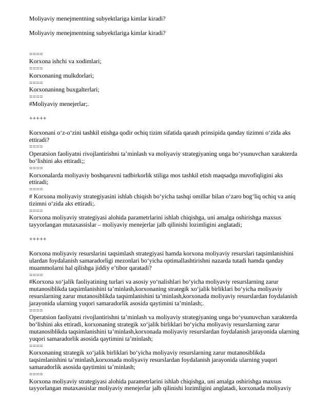 Moliyaviy menejment fanidan yakuniy nazorat test savollari va javoblari.