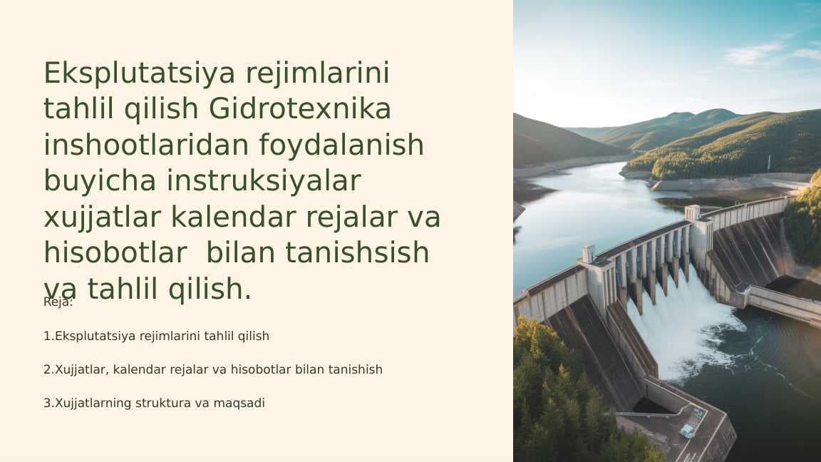 Eksplutatsiya rejimlarini tahlil qilish Gidrotexnika inshootlaridan foydalanish buyicha instruksiyalar xujjatlar kalendar rejalar va hisobotlar  bilan tanishsish va tahlil qilish.