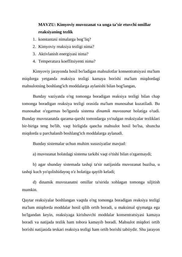 Kimyoviy muvozanat va unga ta’sir etuvchi omillar