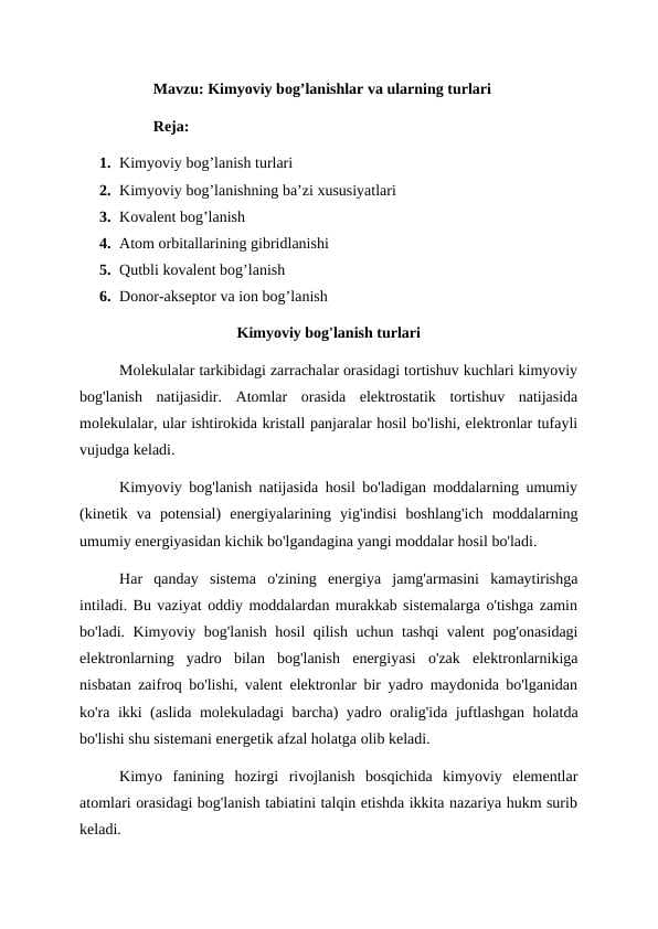 Kimyoviy bog’lanishlar va ularning turlari