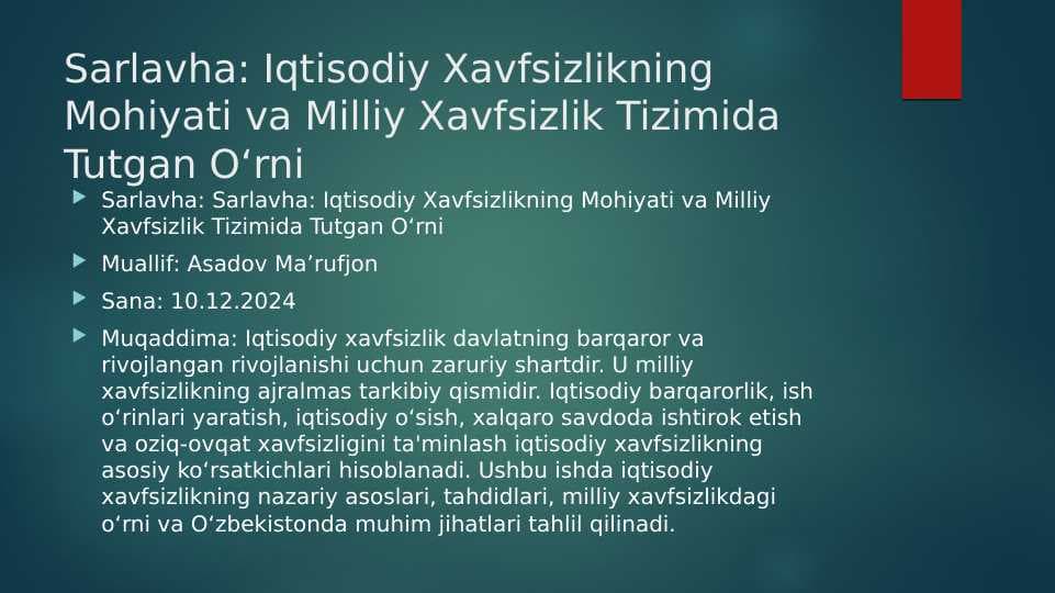 Iqtisodiy Xavfsizlikning Mohiyati va Milliy Xavfsizlik Tizimida Tutgan O‘rni