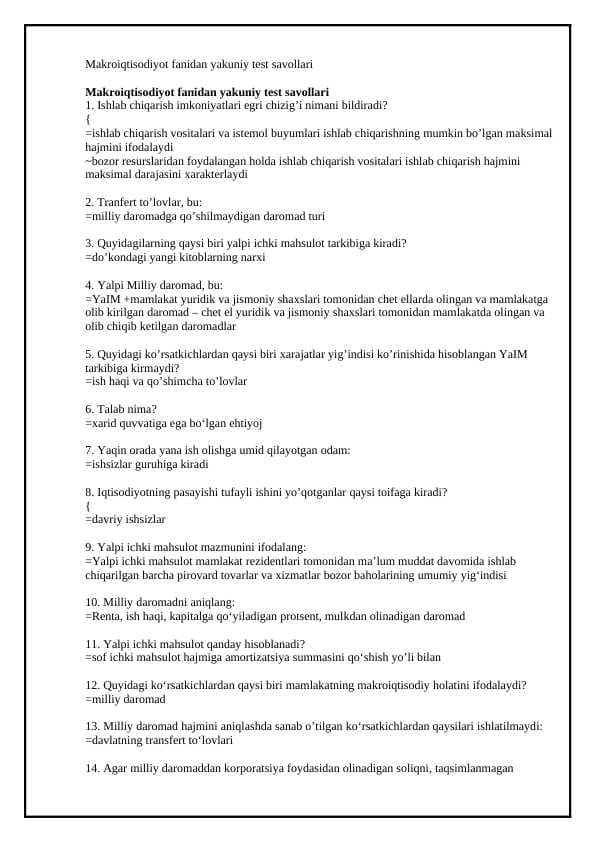 MAKROIQTISODIYOT FANIDAN 100 TALIK TEST, JAVOBLARI BILAN