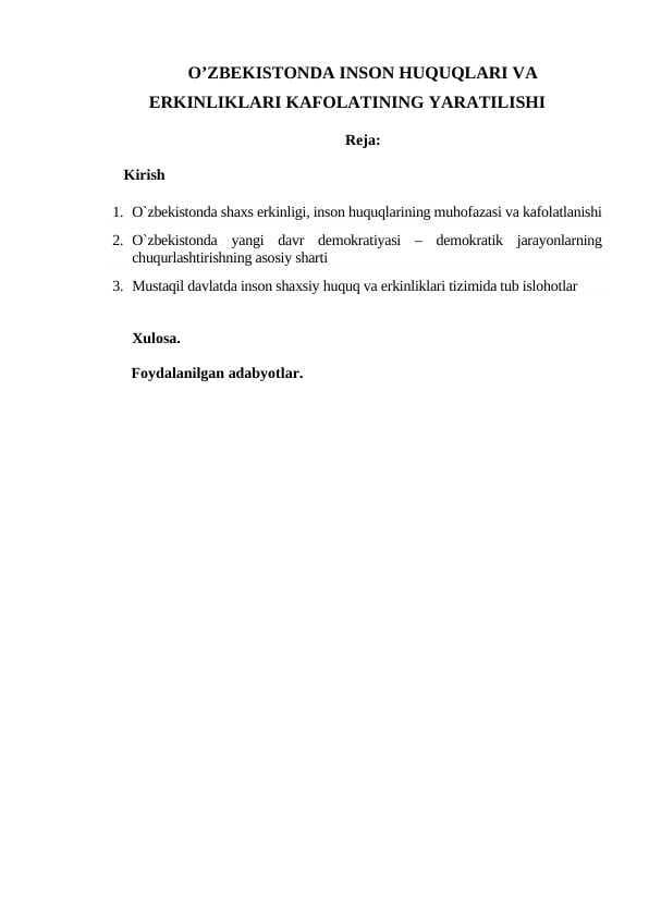 O’ZBEKISTONDA INSON HUQUQLARI VA ERKINLIKLARI KAFOLATINING YARATILISHI